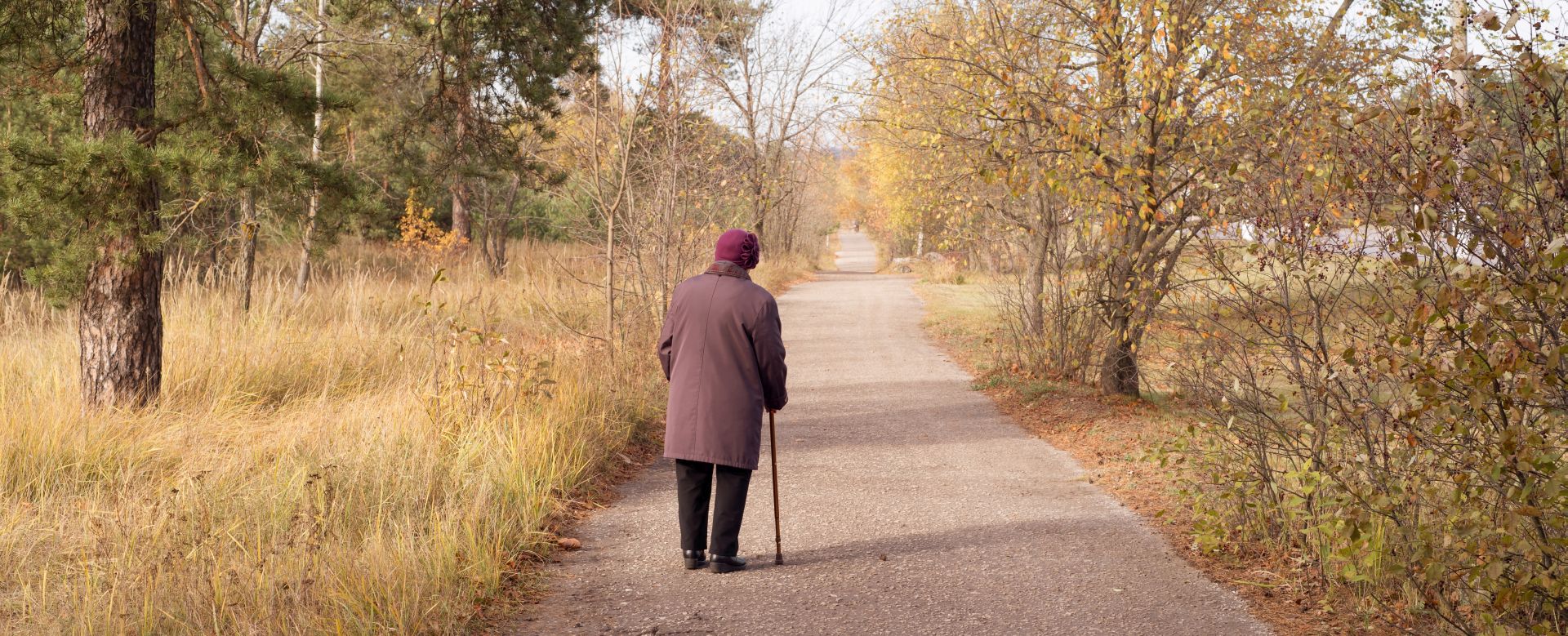 Lonely elderly woman walks in autumn park